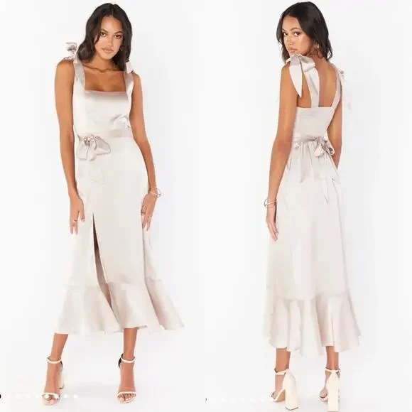 Show Me Your Mumu Claire Midi Dress Show Me The Ring Luxe Satin Champagne NWT S - Picture 6 of 7